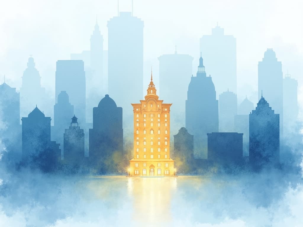 Watercolor illustration in the Concier brand palette accompanying the article "How AI Agents Will Choose Where Your Guests Stay"