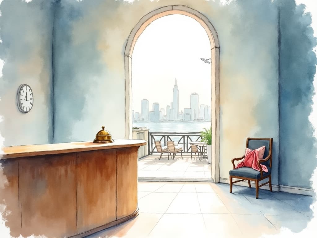Watercolor illustration in the Concier brand palette accompanying the article "Pharma went all-in on AI. Hospitality is next."