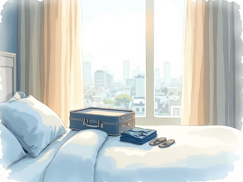 Watercolor illustration in the Concier brand palette accompanying the article "AI is picking your outfit. Why not have it waiting at your hotel?"