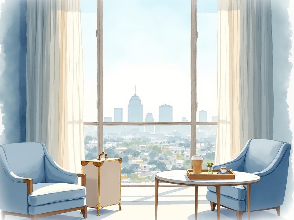 Watercolor illustration in the Concier brand palette accompanying the article "What ten agents for hospitality should actually do"