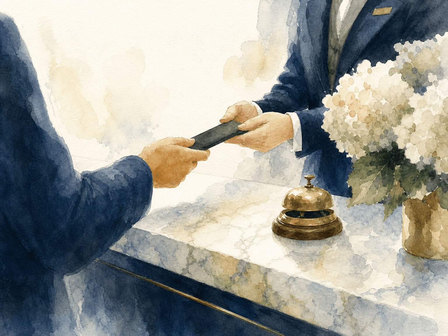 Watercolor illustration in the Concier brand palette accompanying the article "Booking a Hotel by Text Message Is Now Real. Here Is What Changed."