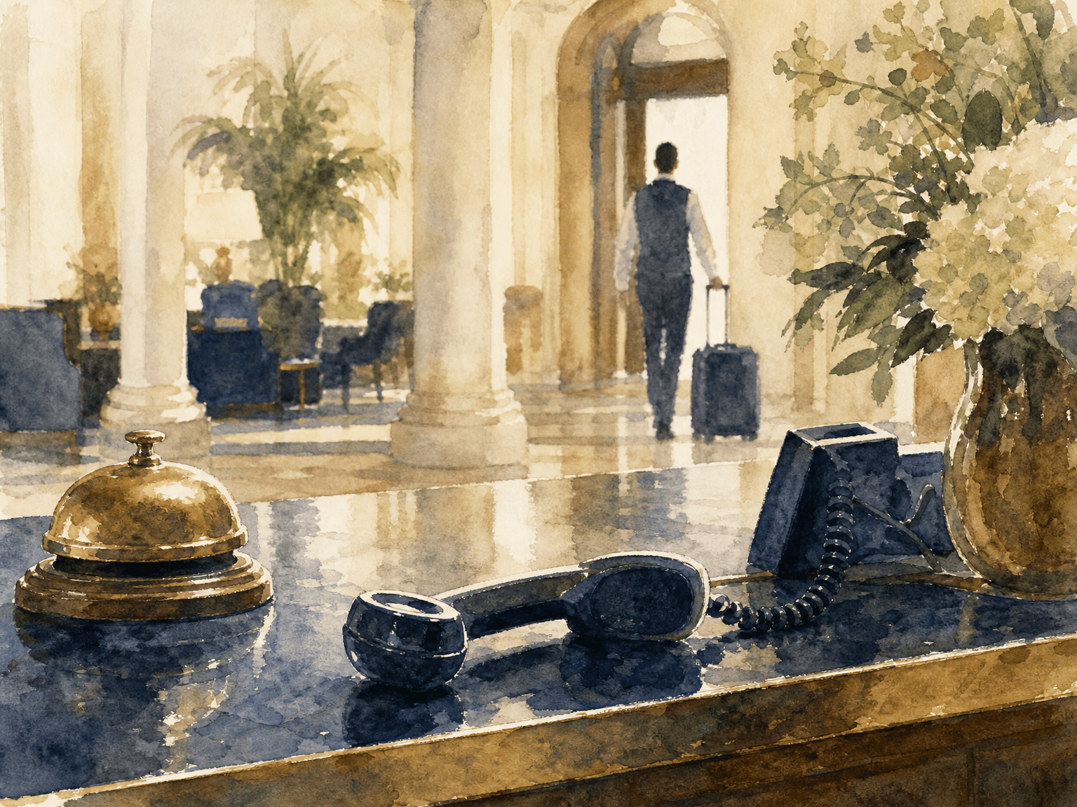 Watercolor illustration in the Concier brand palette accompanying the article "Voice AI Is Taking the Hotel Lobby. Where Does the Trip Planner Fit In?"